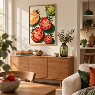 Italian Tomatoes Print, framed on the wall of a calm living room by the kitchen