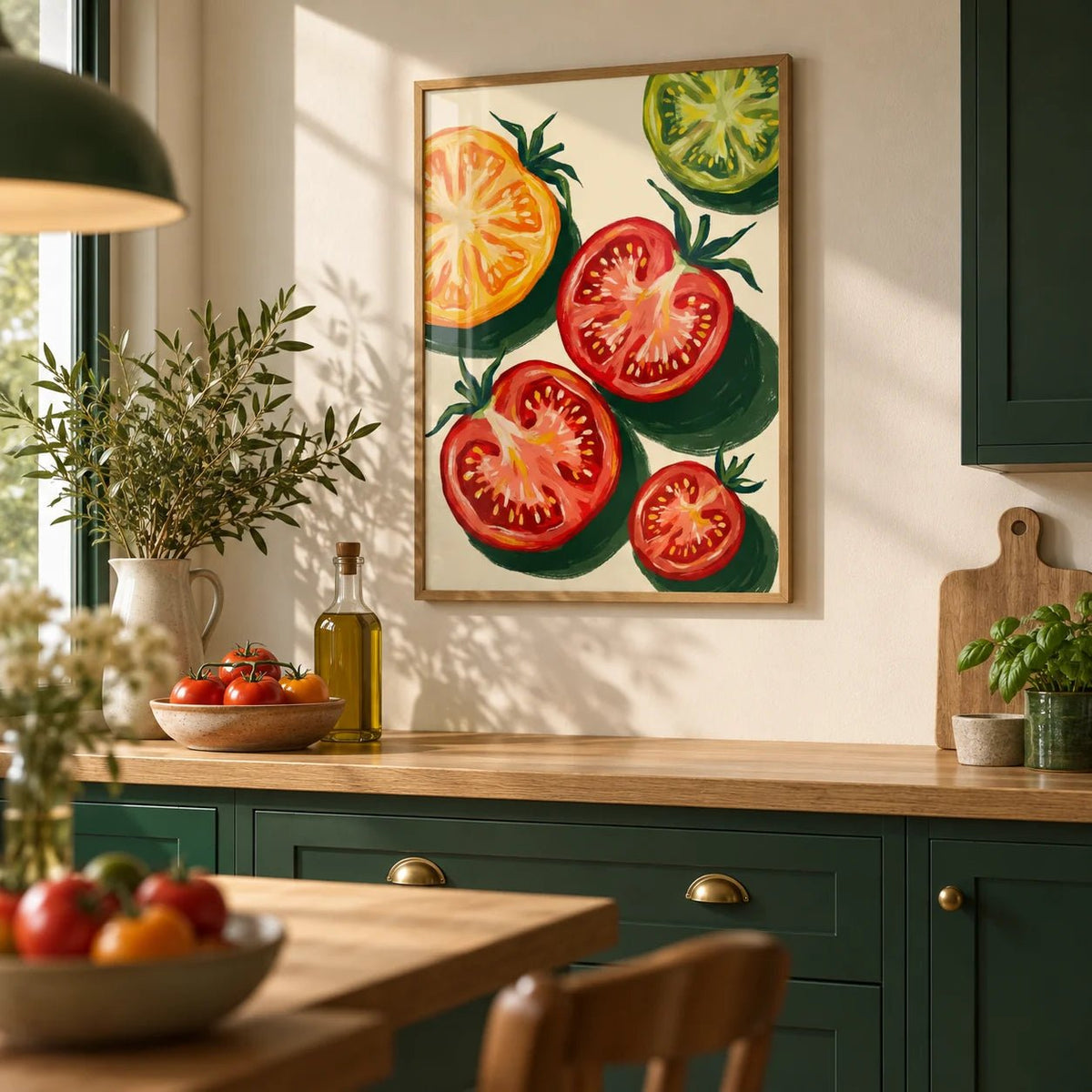 Italian Tomatoes Print, framed on the wall of a kitchen with deep green cabinets