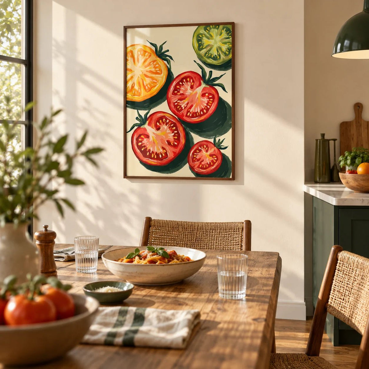 Italian Tomatoes Print, framed on the wall of a open-plan kitchen-diner