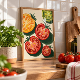 Italian Tomatoes Print, a small A4 framed print leaning on a worktop in a kitchen