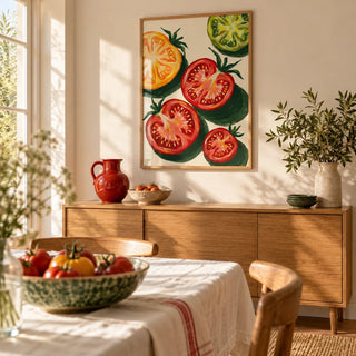 Italian Tomatoes Print, framed on the wall of a sunny dining room