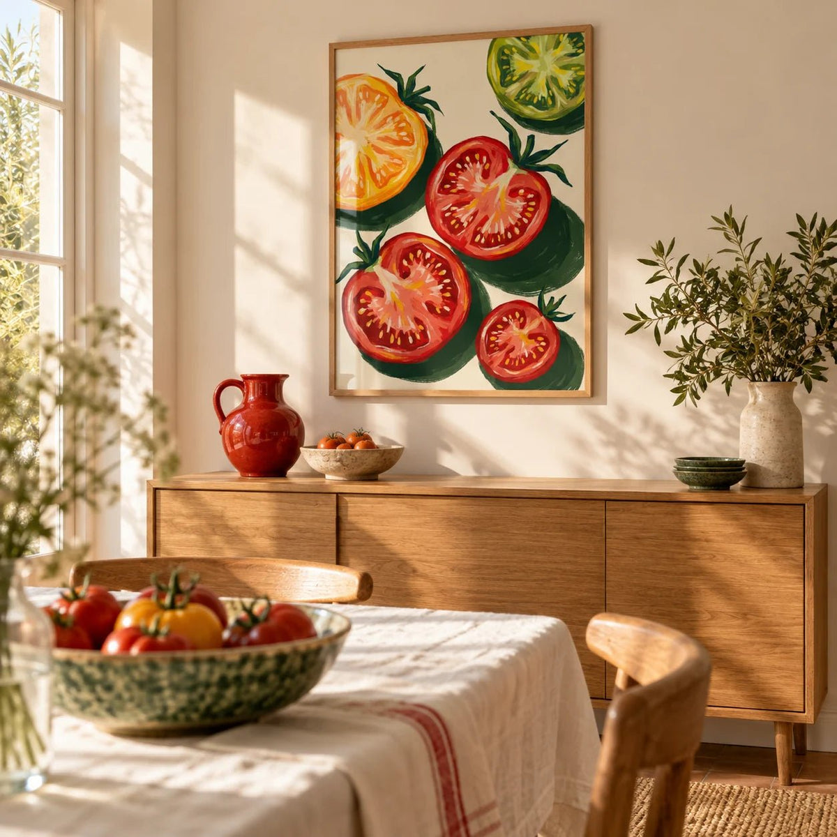 Italian Tomatoes Print, framed on the wall of a sunny dining room