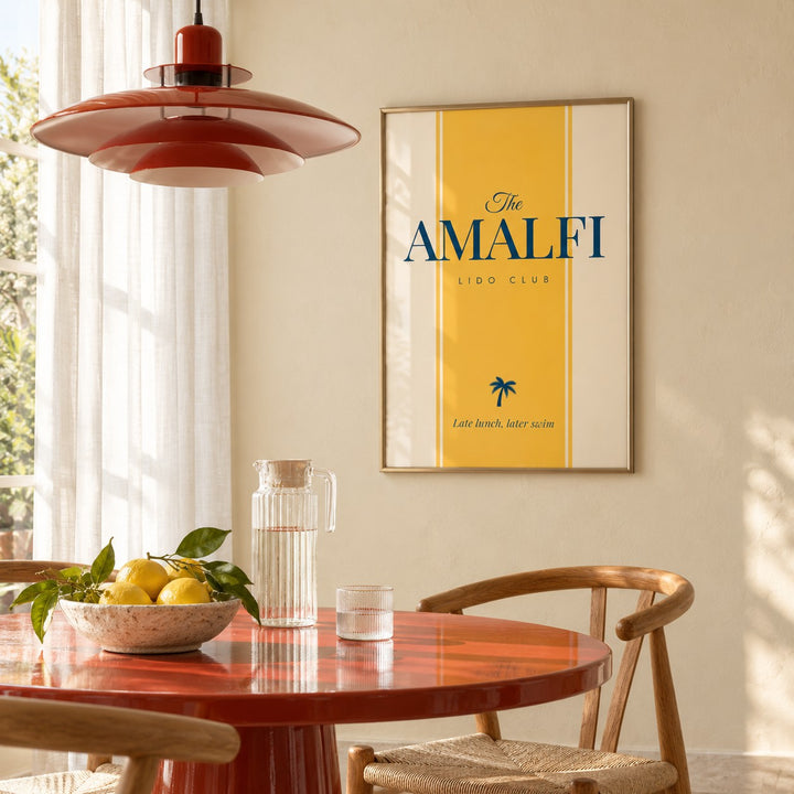 Italian Travel Poster hung beside a breakfast table in a bright nook (frame not included)