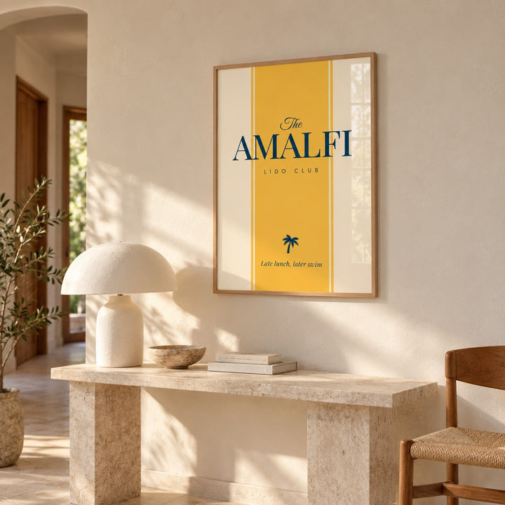 Italian Travel Poster hung above a stone console table in a hallway (frame not included)