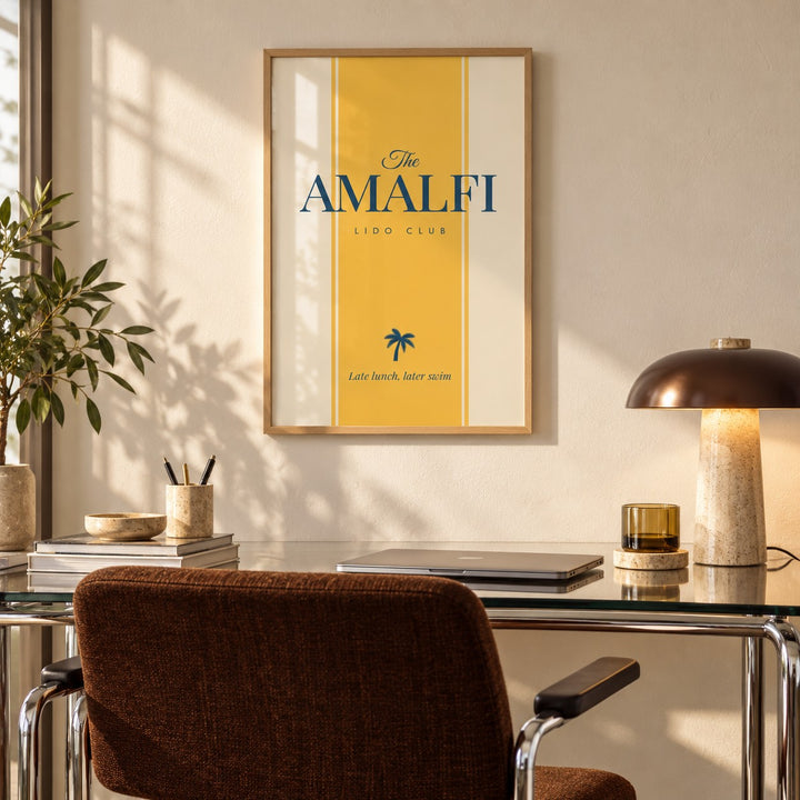 Italian Travel Poster hung above a glass desk in a home office (frame not included)