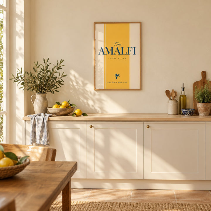 Italian Travel Poster hung above the worktop in a sunny kitchen (frame not included)