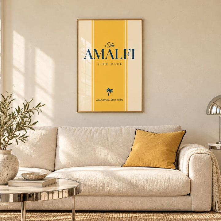 Italian Travel Poster hung above a linen sofa in a living room (frame not included)