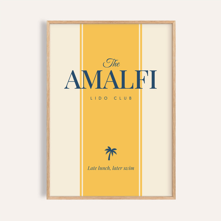 Italian travel poster of The Amalfi Lido Club, saffron panel and navy palm tree