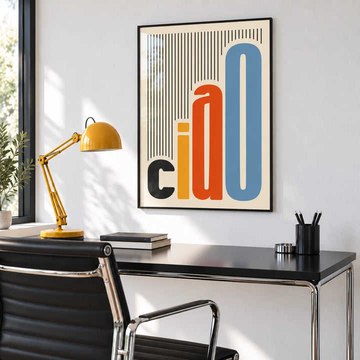 Italian Wall Art, framed on the wall of a bright architect's home office