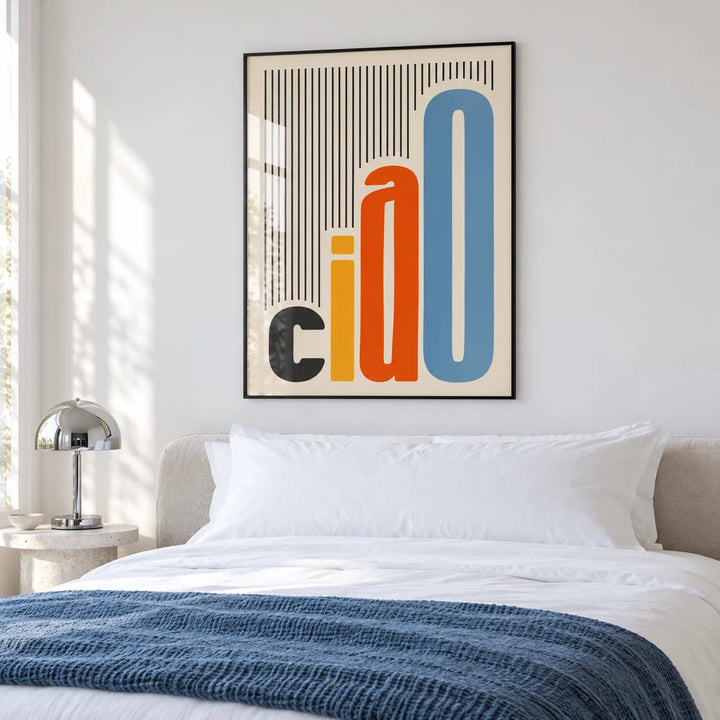 Italian Wall Art, framed on the wall of a calm guest bedroom with a blue throw