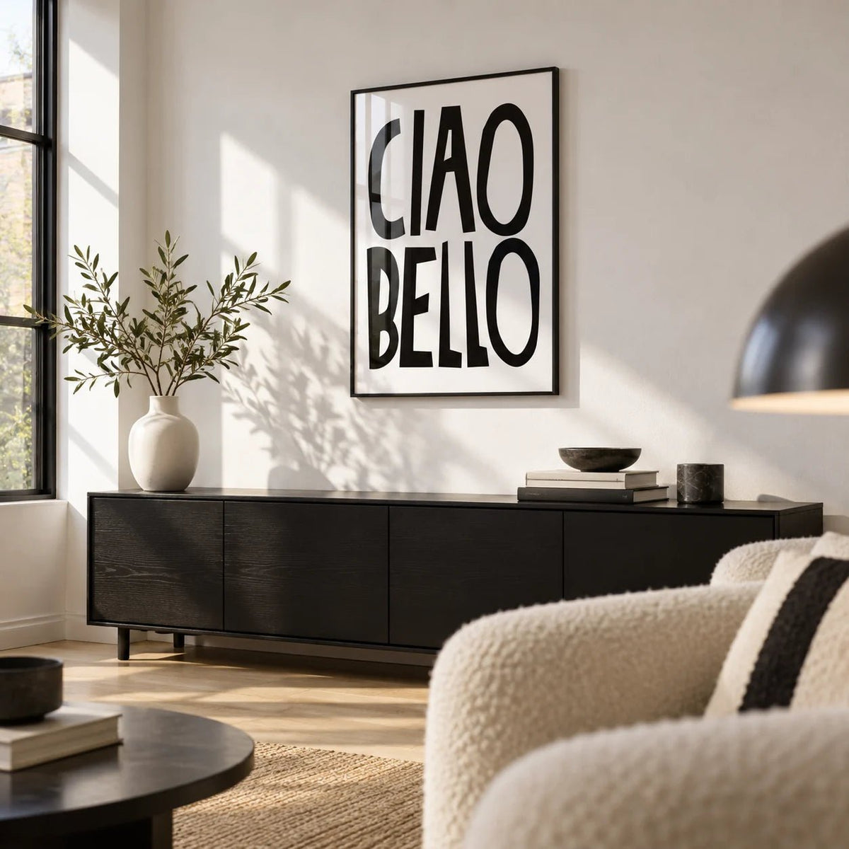 Italian Wall Art, framed on the wall of a design-led city flat living room with a white wall and a pale oak floor