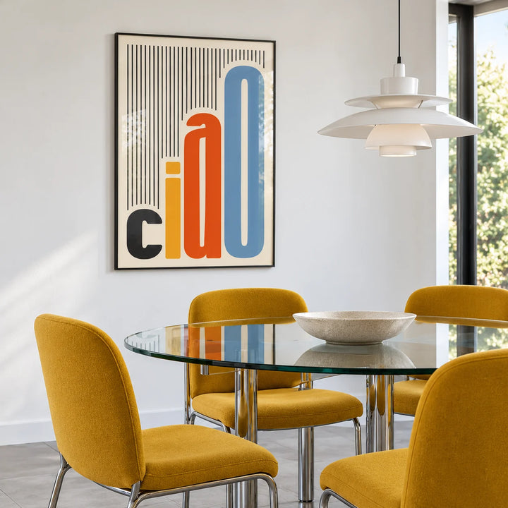 Italian Wall Art, framed on the wall of a dining room with mustard chairs