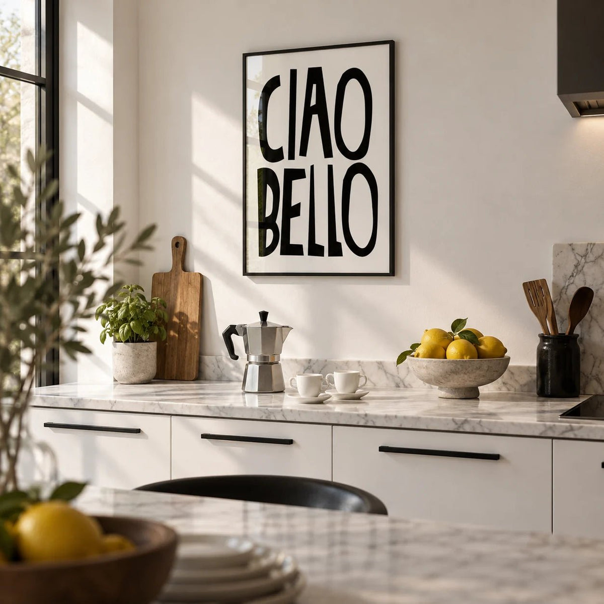 Italian Wall Art, framed on the wall of a modern Italian-style kitchen with white walls