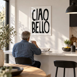 Italian Wall Art, framed on the wall of a modern open-plan kitchen with a white wall