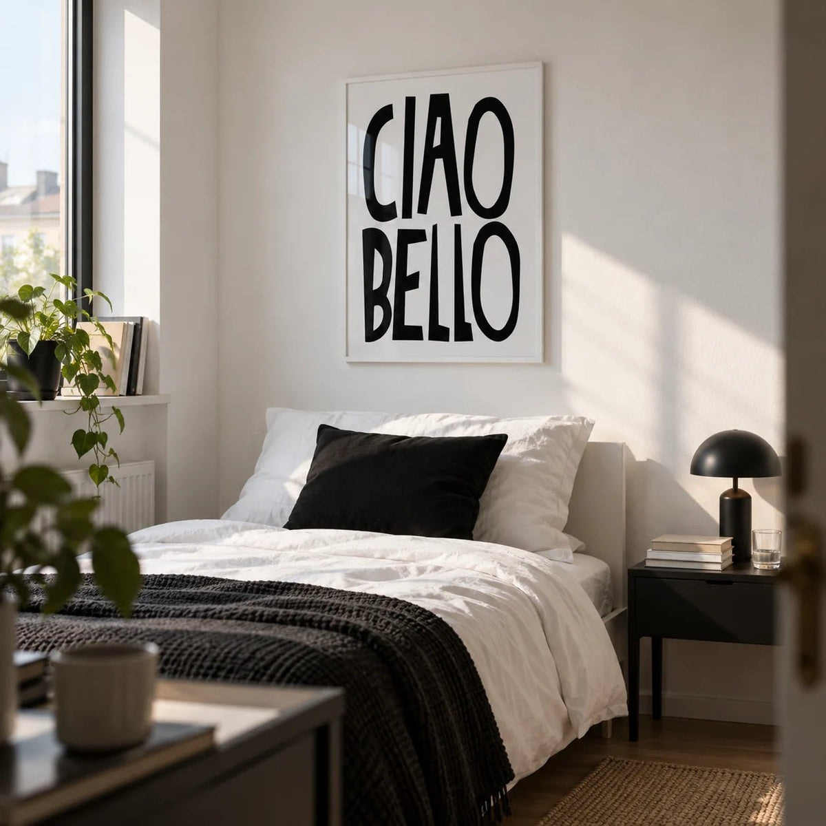 Italian Wall Art, framed on the wall of a tidy young adult's bedroom (20-28) in a first flat with a white wall