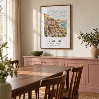 Jaipur Art Print, framed on the wall of a characterful dining room in a UK townhouse with warm white plaster walls and a low dusty pink painted cupboard