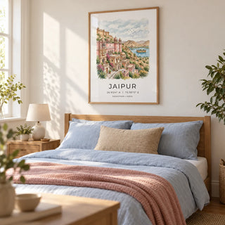 Jaipur Art Print, framed on the wall of a restful bedroom in a renovated UK terrace with warm white walls and simple oak furniture