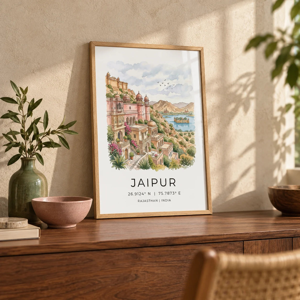 Jaipur Art Print, a small A4 framed print leaning on a walnut sideboard in a living room