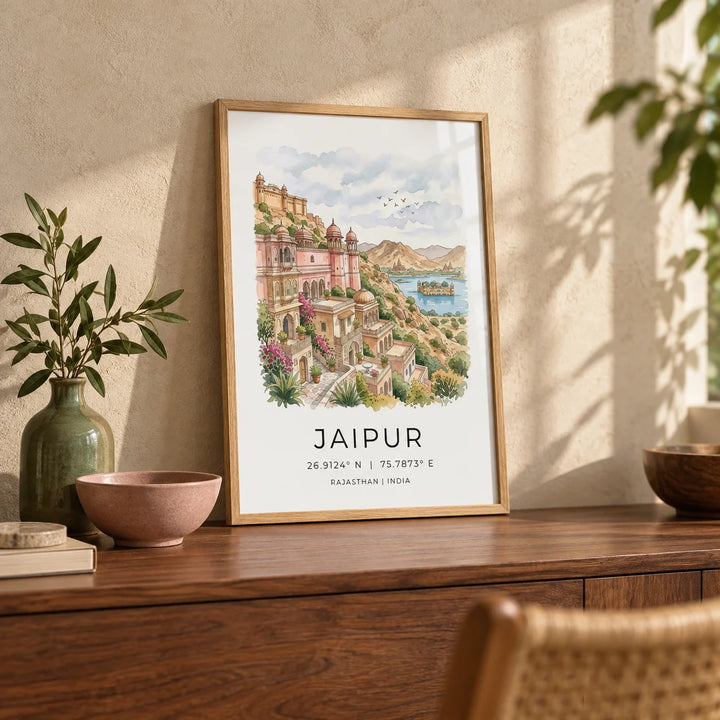 Jaipur Art Print, a small A4 framed print leaning on a walnut sideboard in a living room