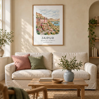 Jaipur Art Print, framed on the wall of a warm living room in a Victorian terrace with pale sandy limewashed walls