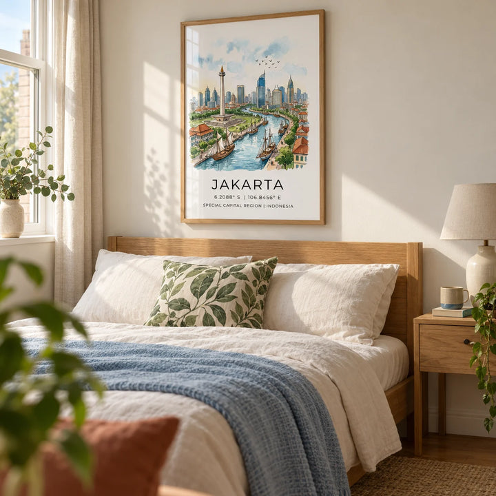 Jakarta City Art Print, framed on the wall of a calm bedroom in a UK couple's flat with a warm white wall and simple oak furniture