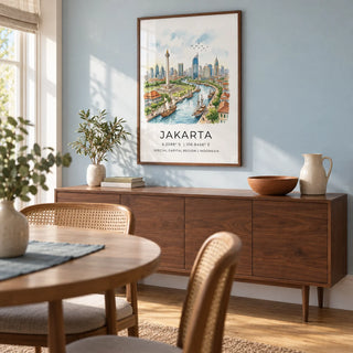 Jakarta City Art Print, framed on the wall of a light dining room in a UK home with a muted pale blue wall and oak floor