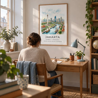 Jakarta City Art Print, framed on the wall of a quiet home study for a travel-loving adult in a UK flat with a soft white wall