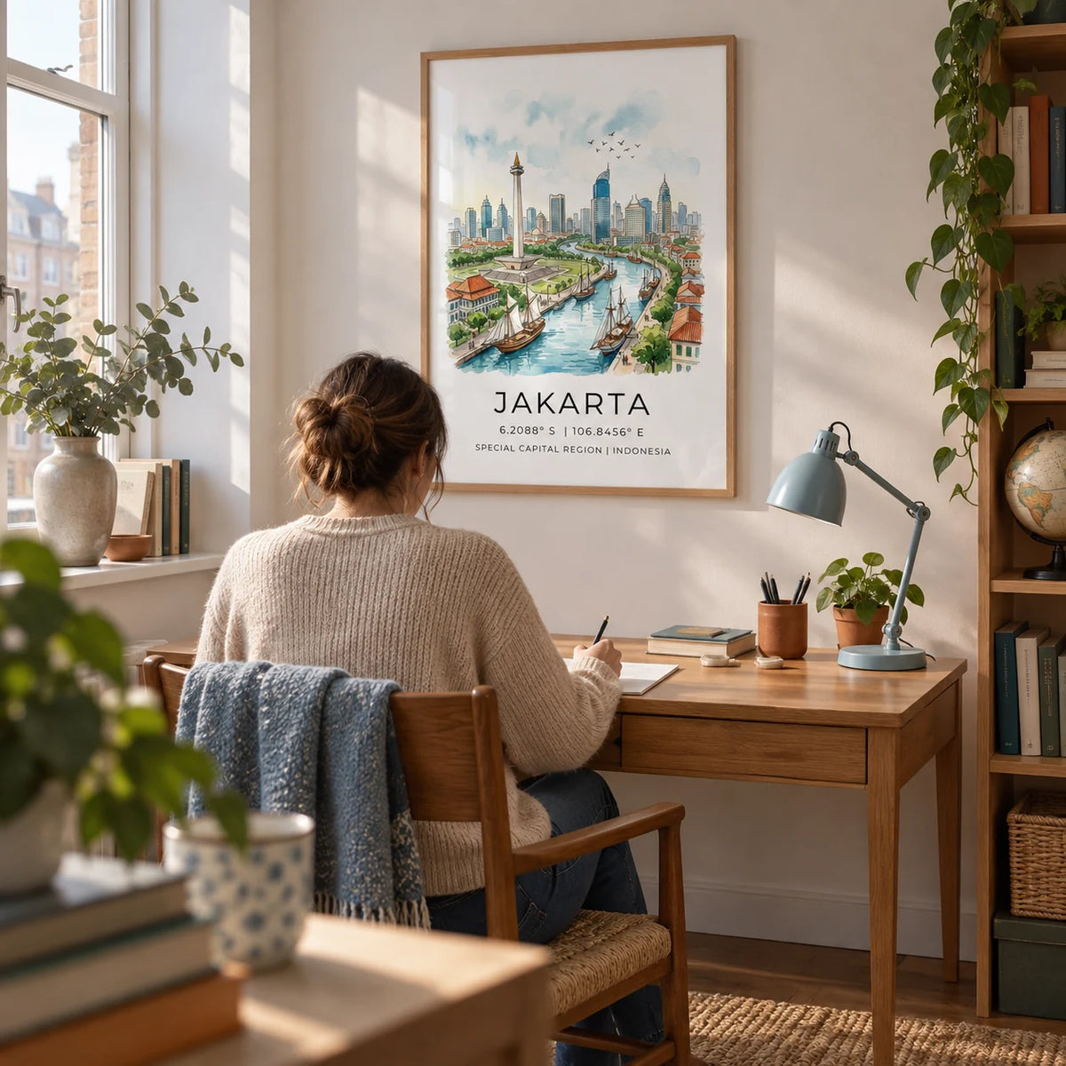 Jakarta City Art Print, framed on the wall of a quiet home study for a travel-loving adult in a UK flat with a soft white wall