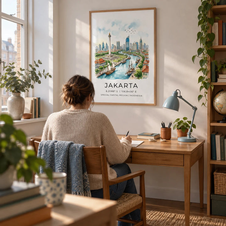 Jakarta City Art Print, framed on the wall of a quiet home study for a travel-loving adult in a UK flat with a soft white wall