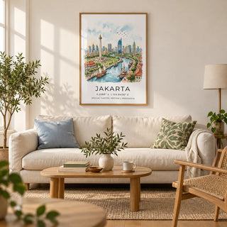 Jakarta City Art Print, framed on the wall of a relaxed living room in a UK city flat with warm white plaster walls and an oak floor