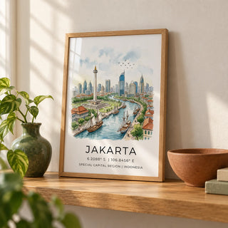 Jakarta City Art Print, a small A4 framed print leaning on an oak shelf in a living room