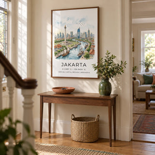 Jakarta City Art Print, framed on the wall of a welcoming hallway in a UK terraced house with a pale cream wall and warm timber floorboards