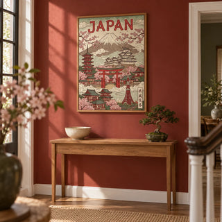 Japan Art Print, framed on the wall of a characterful hallway with a brick red painted wall