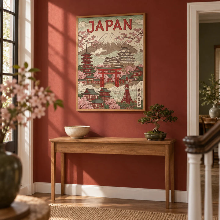 Japan Art Print, framed on the wall of a characterful hallway with a brick red painted wall