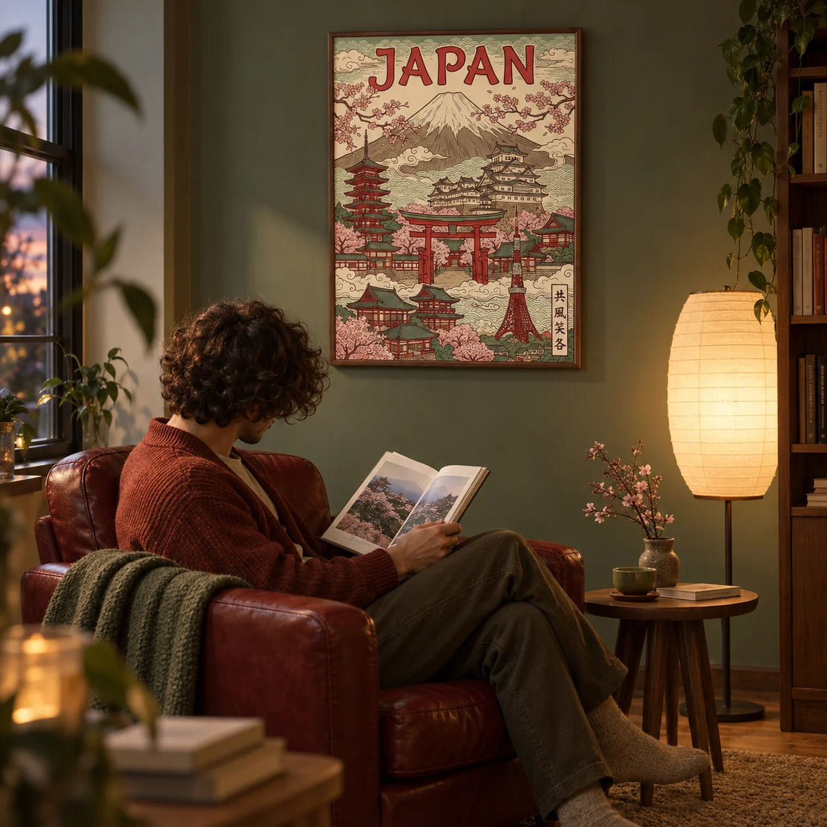 Japan Art Print, framed on the wall of a cosy reading corner with a deep sage wall in a living room