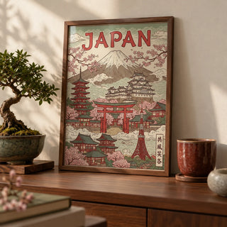 Japan Art Print, a small A4 framed print leaning on a walnut shelf in a living room