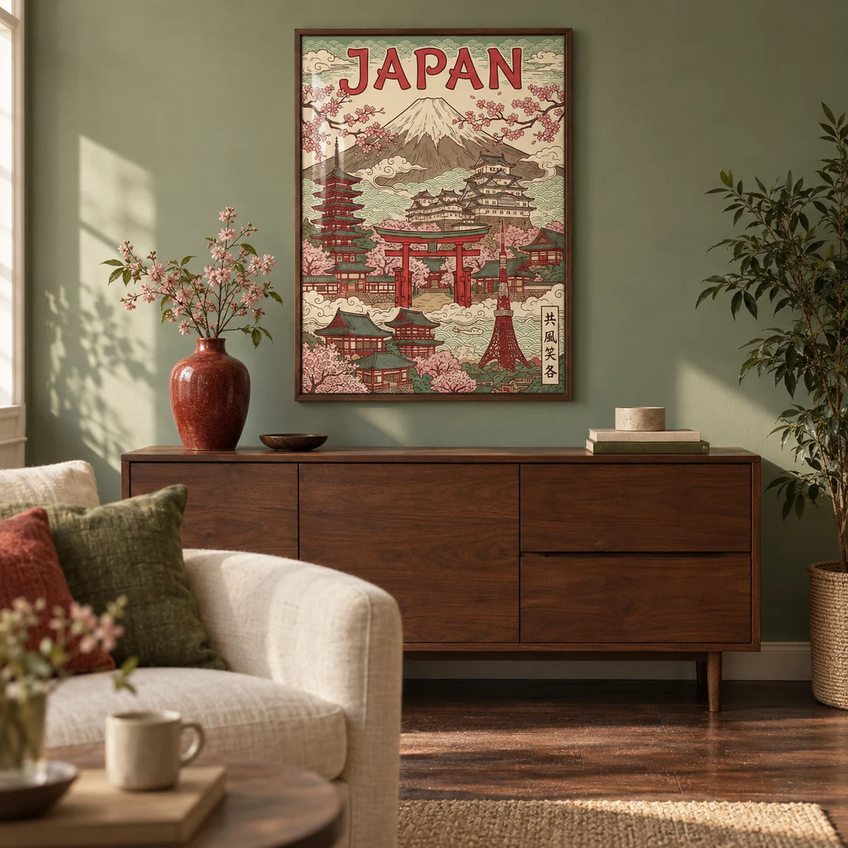 Japan Art Print, framed on the wall of a warm characterful living room with a sage green painted wall and dark wood floorboards