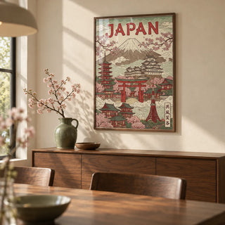 Japan Art Print, framed on the wall of a warm dining room with a cream plaster wall