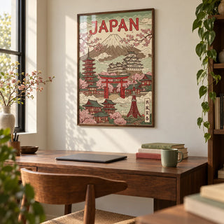 Japan Art Print, framed on the wall of a warm home office with a cream wall