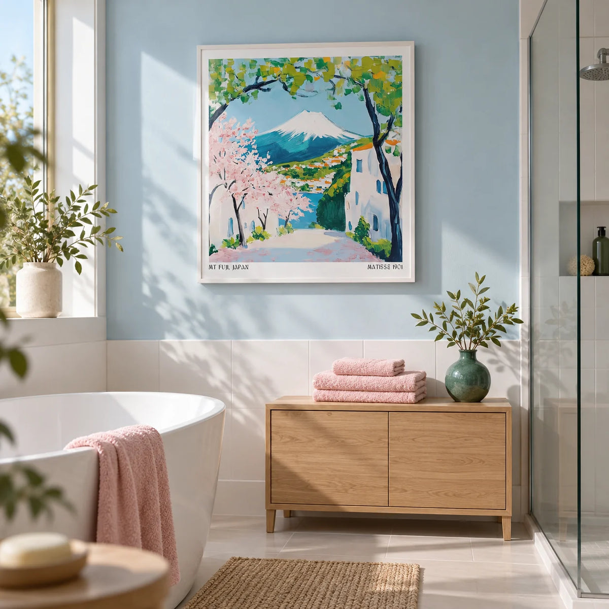 Japan Poster, framed on the wall of a bright contemporary bathroom with a pale blue painted wall above plain white tiles