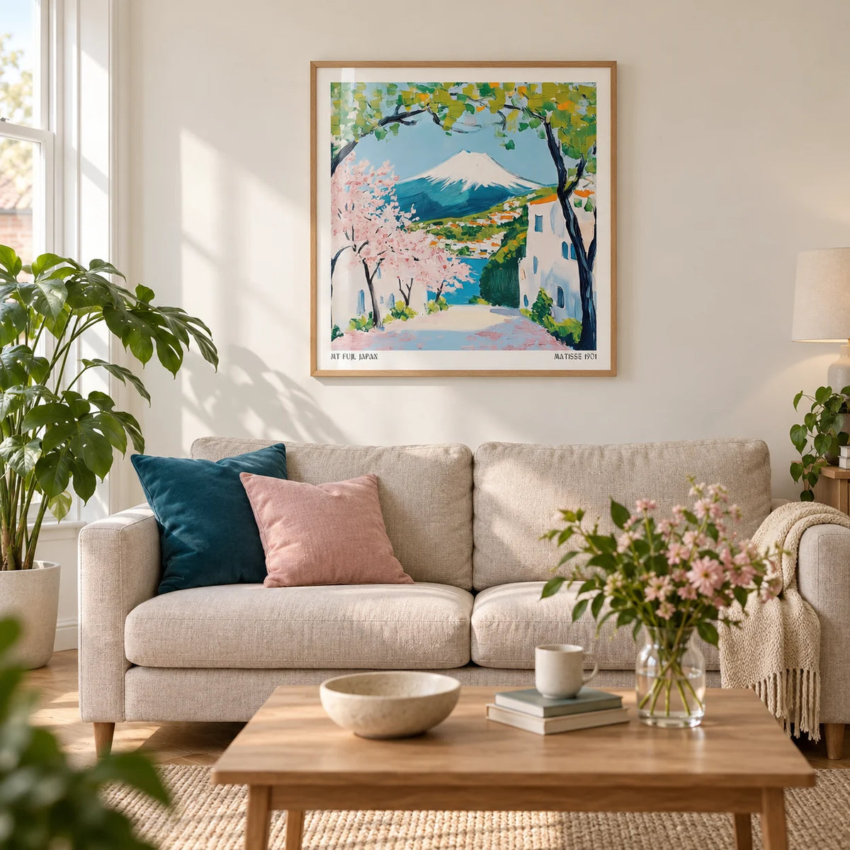 Japan Poster, framed on the wall of a light contemporary living room in a UK terraced house with warm white walls and an oak floor