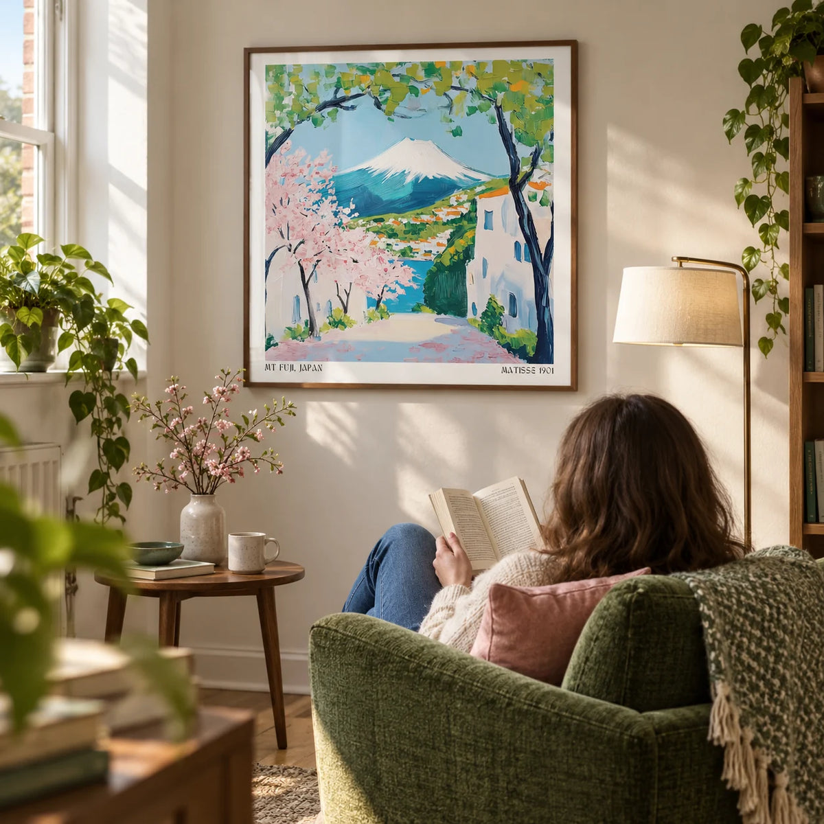Japan Poster, framed on the wall of a quiet reading corner in a renovated UK terrace with a warm white wall in a living room