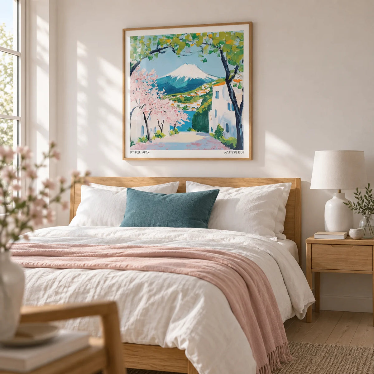 Japan Poster, framed on the wall of a restful contemporary bedroom with a chalk white wall and pale timber floor
