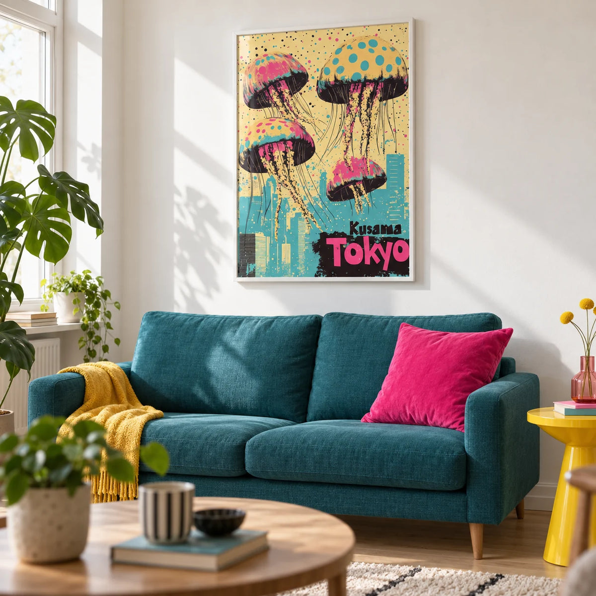Japan Retro Poster, framed on the wall of a bright first flat living room (22-28) with a white wall and a pale oak floor