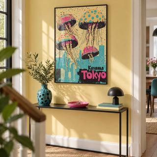 Japan Retro Poster, framed on the wall of a bright hallway with a butter yellow painted wall