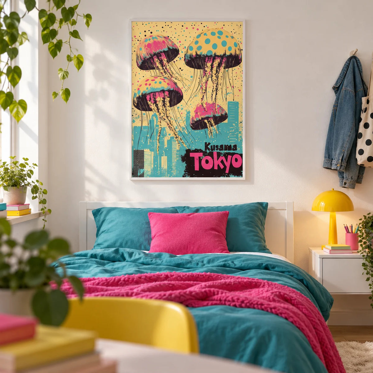 Japan Retro Poster, framed on the wall of a fun teen girl's bedroom (13-17) with a white wall