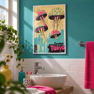 Japan Retro Poster, framed on the wall of a playful bathroom with a teal painted wall and plain white tiles below