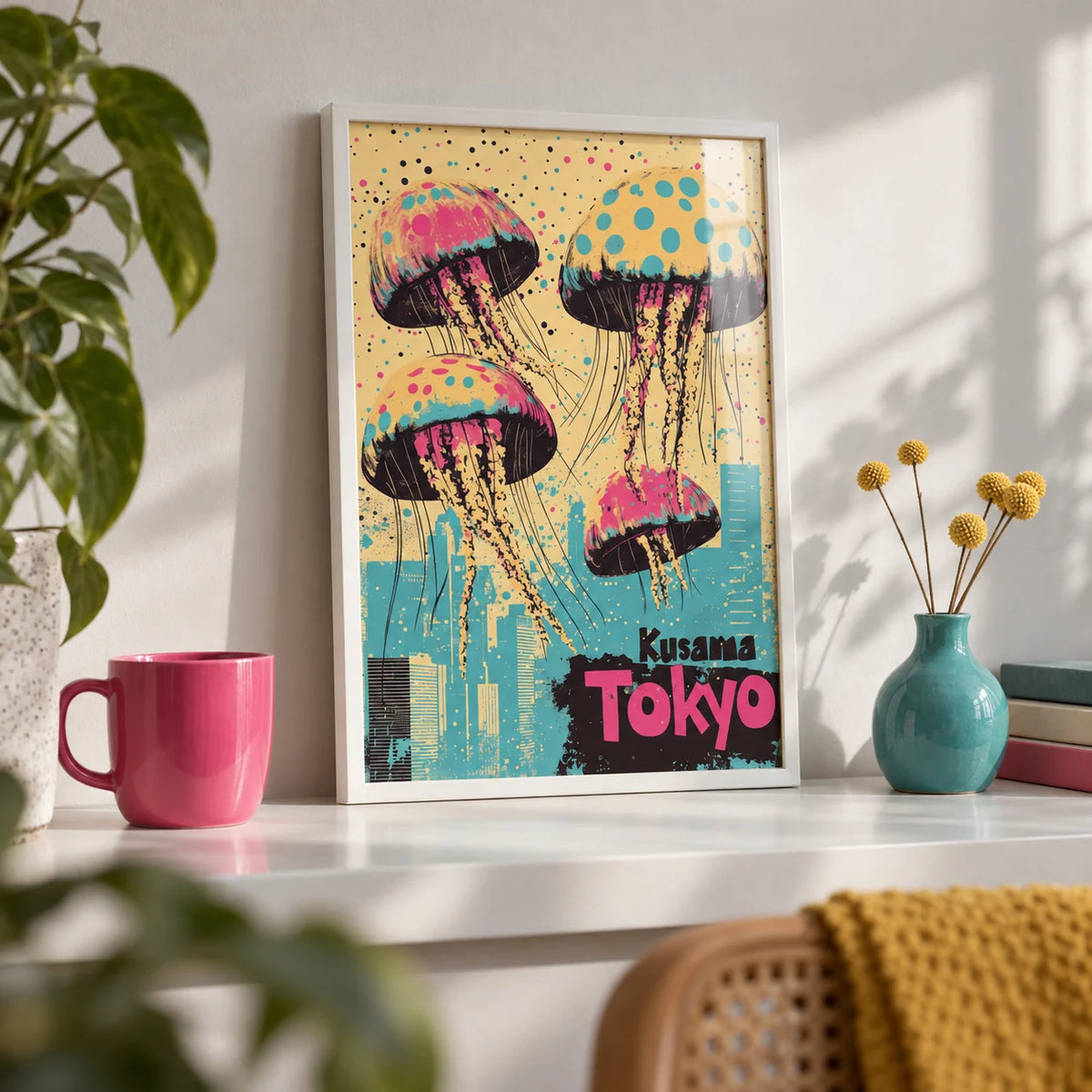Japan Retro Poster, a small A4 framed print leaning on a white shelf in a living room