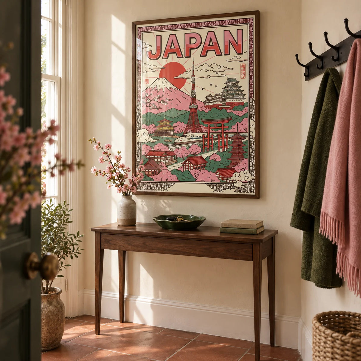 Japan Wall Art, framed on the wall of a characterful entrance hallway in a UK terrace with warm cream plaster walls and a plain terracotta floor