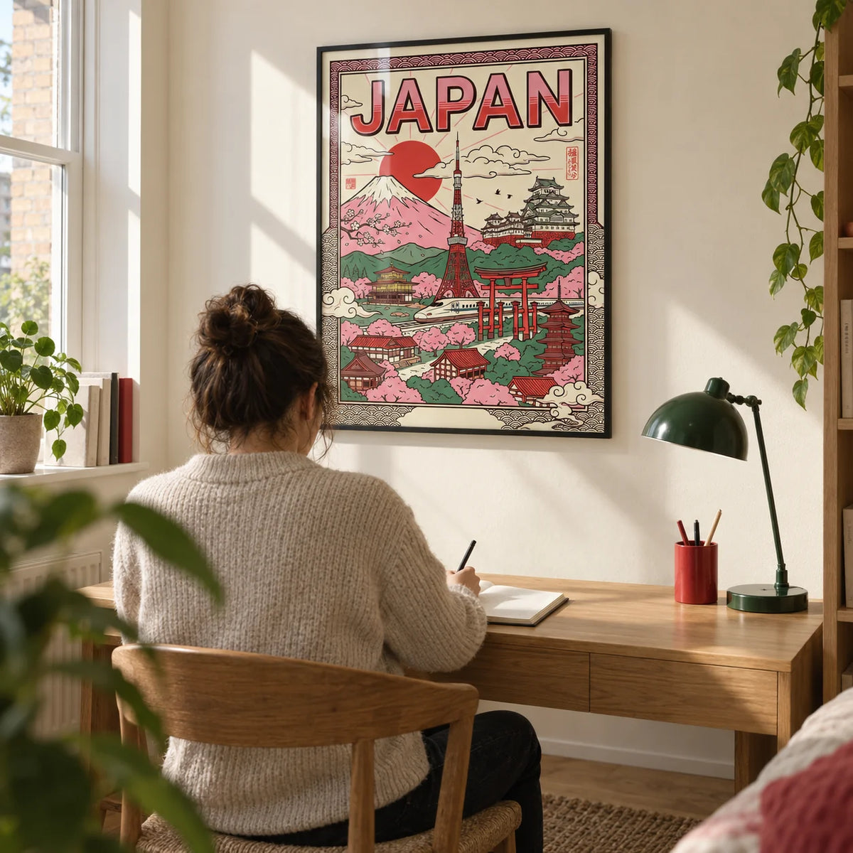 Japan Wall Art, framed on the wall of a compact home study in a design-conscious couple's UK flat with a cream wall and clean-lined oak furniture